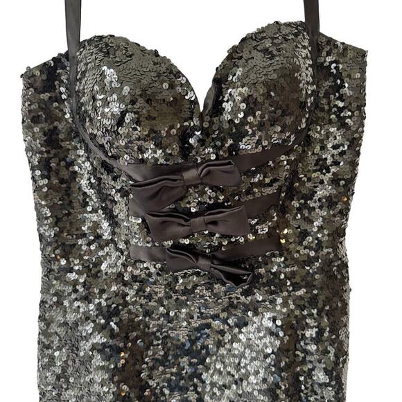 Vtg Niteline Womens Sequin Babydoll Mini Dress 6 Black Bow Formal Cocktail LBD - Picture 2 of 8